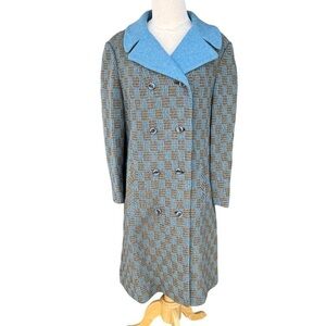 Vintage Checkerboard Plaid Tweed Double Breasted Wool Coat Blue Tan Satin Lined